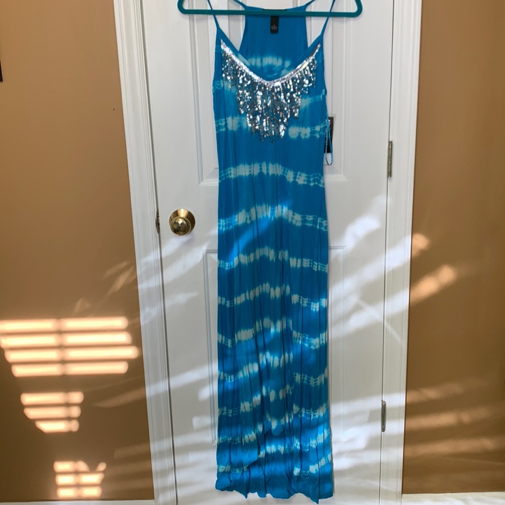 Sequined, blue and white maxi dress. New with tags.